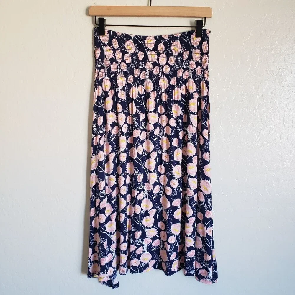 Downeast Smocked Floral Midi Skirt Blue/Pink Sz S Soft Jersey Knit Flowy Cottage